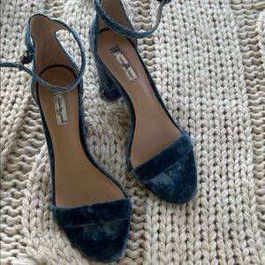 blue velvet block heel ankle strap heels